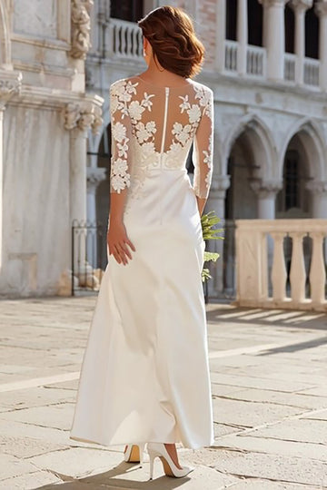 Ivory Long Sleeve Embroidered Satin Lace Engagement Dress